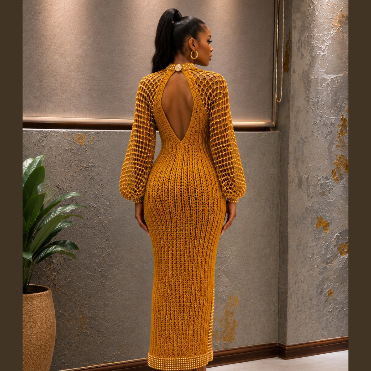 Golden Beaded Crochet Statement Dress image 2