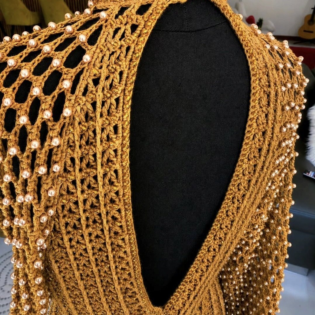 Golden Beaded Crochet Statement Dress image 4