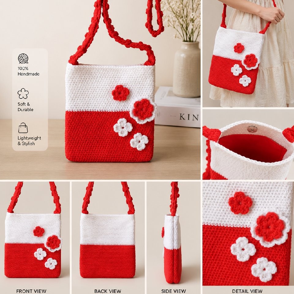 Handmade Crochet Crossbody Bag | Red & White Floral Shoulder Bag | Lightweight Crochet Purse | Boho Gift for Women image 4