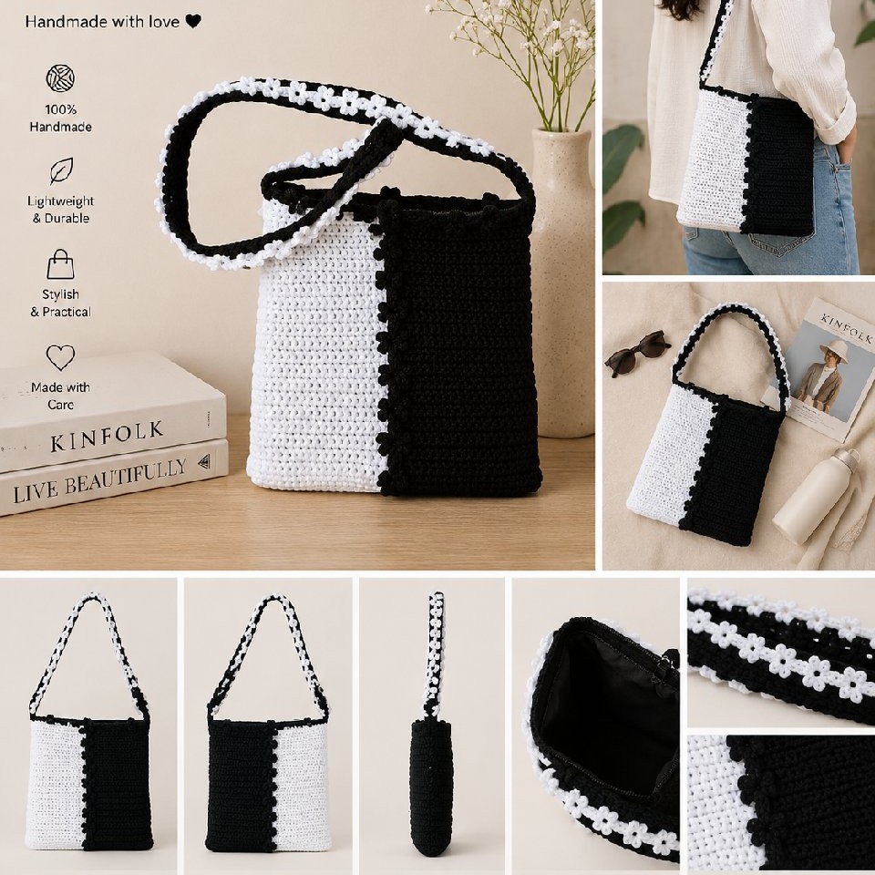 Handmade Black & White Crochet Crossbody Bag | Lined & Zippered Shoulder Bag | Modern Crochet Purse | Everyday Handmade Handbag image 5