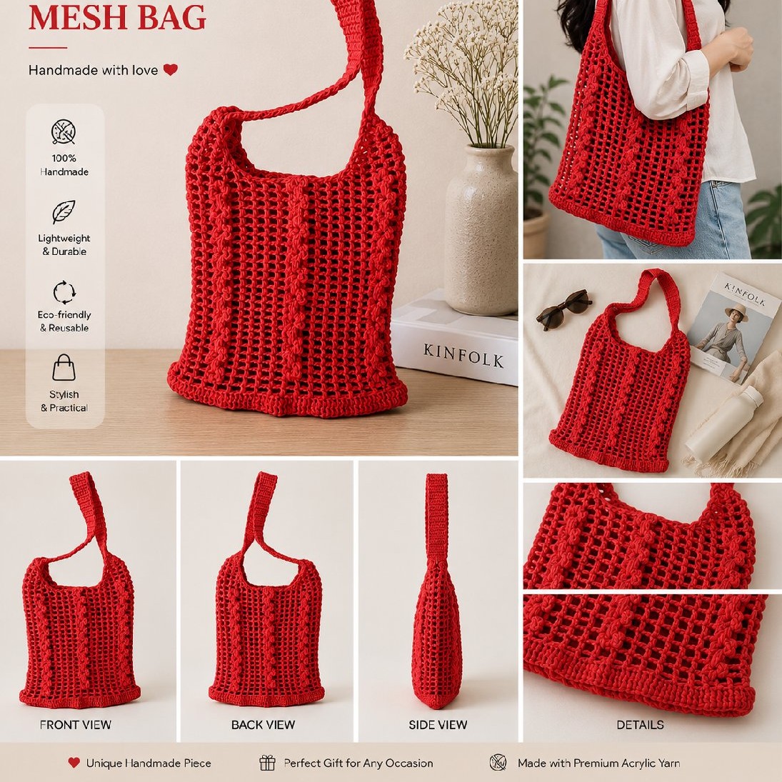 Handmade Crochet Mesh Shoulder Bag | Lightweight Reusable Tote | Eco-Friendly Market Bag | Boho Everyday Bag image 3