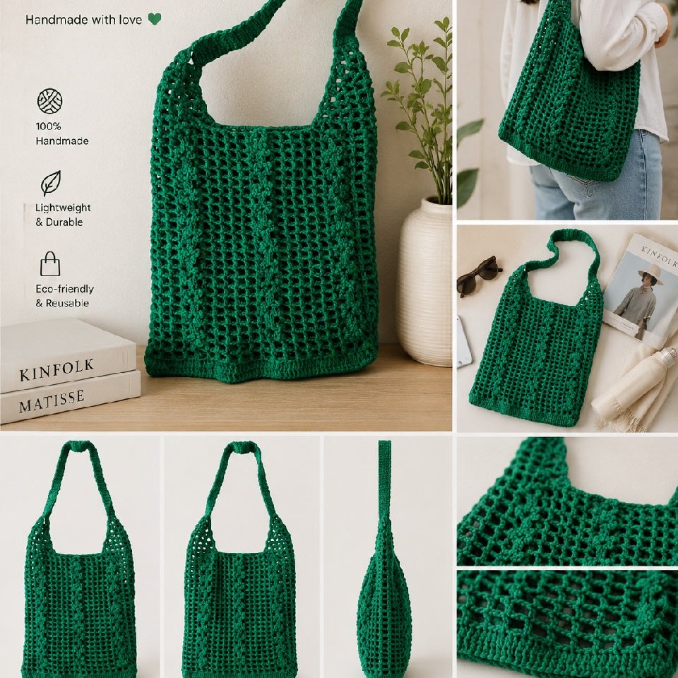 Handmade Crochet Mesh Shoulder Bag | Lightweight Reusable Tote | Eco-Friendly Market Bag | Boho Everyday Bag image 4