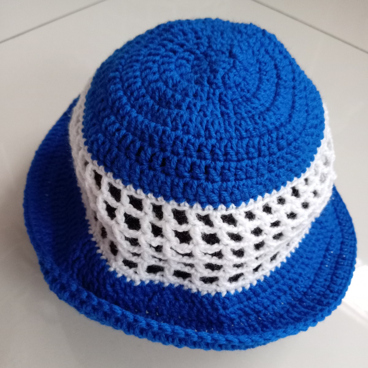 Handmade Crochet Bucket Hat | Blue & White Wide Brim Summer Hat | Lightweight Boho Festival Hat | Unisex Gift