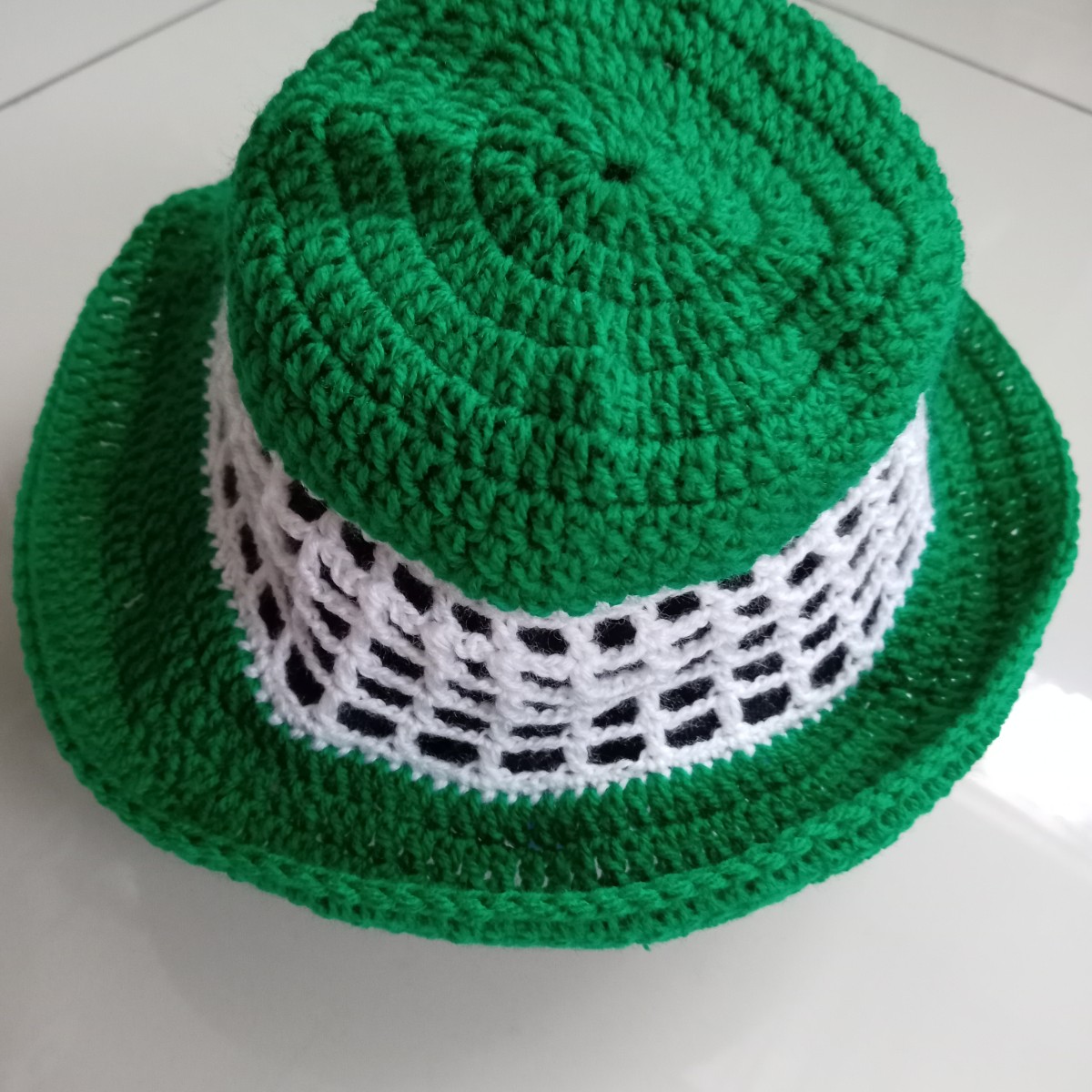 Handmade Crochet Bucket Hat | Green & White Wide Brim Summer Hat | Lightweight Boho Festival Hat | Unisex Gift image 2