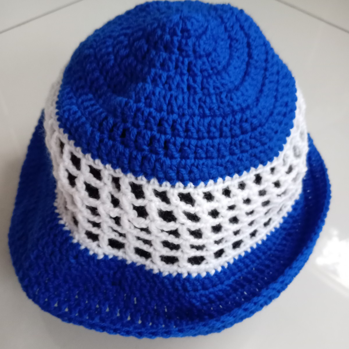 Handmade Crochet Bucket Hat | Blue & White Wide Brim Summer Hat | Lightweight Boho Festival Hat | Unisex Gift image 2