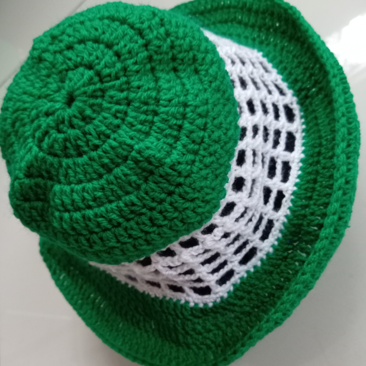 Handmade Crochet Bucket Hat | Green & White Wide Brim Summer Hat | Lightweight Boho Festival Hat | Unisex Gift