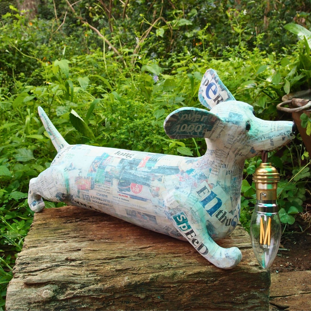 Dingani: Sculpted, upcycled dachshund lamp with relevant newspaper headlines image 3