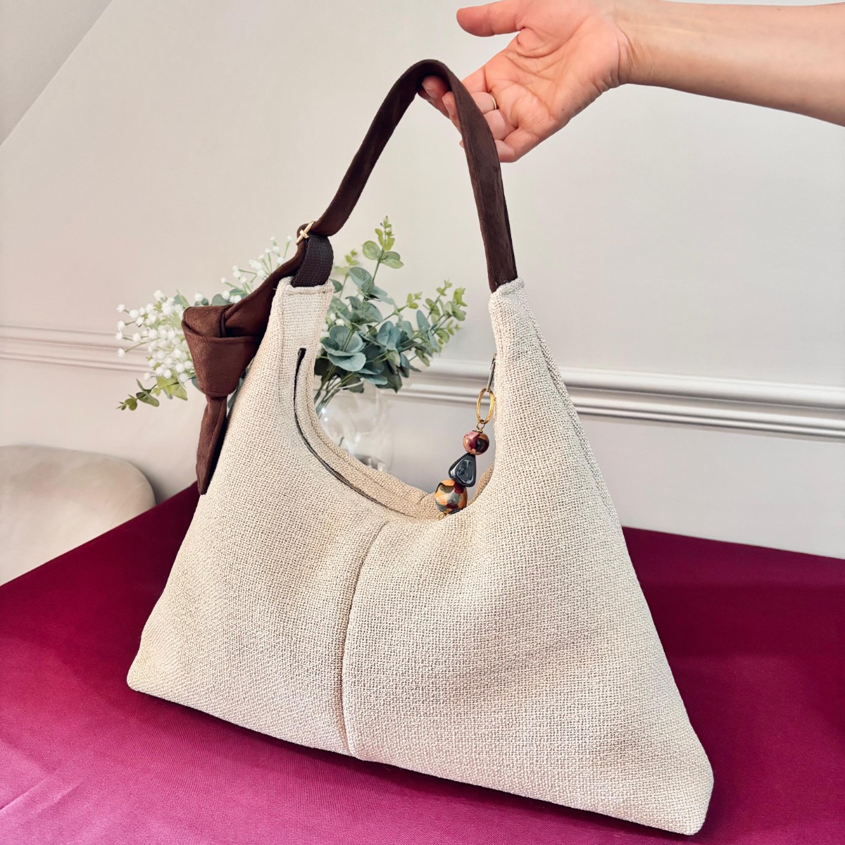 Hobo Bag (Cream bag with faux suede chocolate Strap) image 3