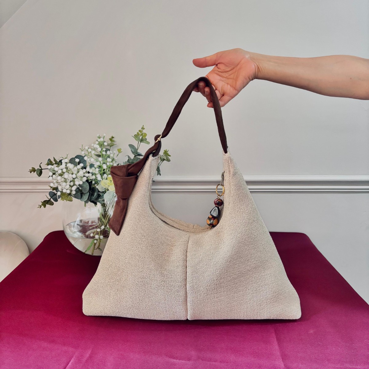 Hobo Bag (Cream bag with faux suede chocolate Strap) image 2