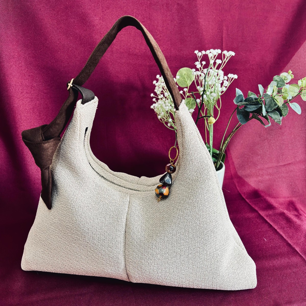Hobo Bag (Cream bag with faux suede chocolate Strap)