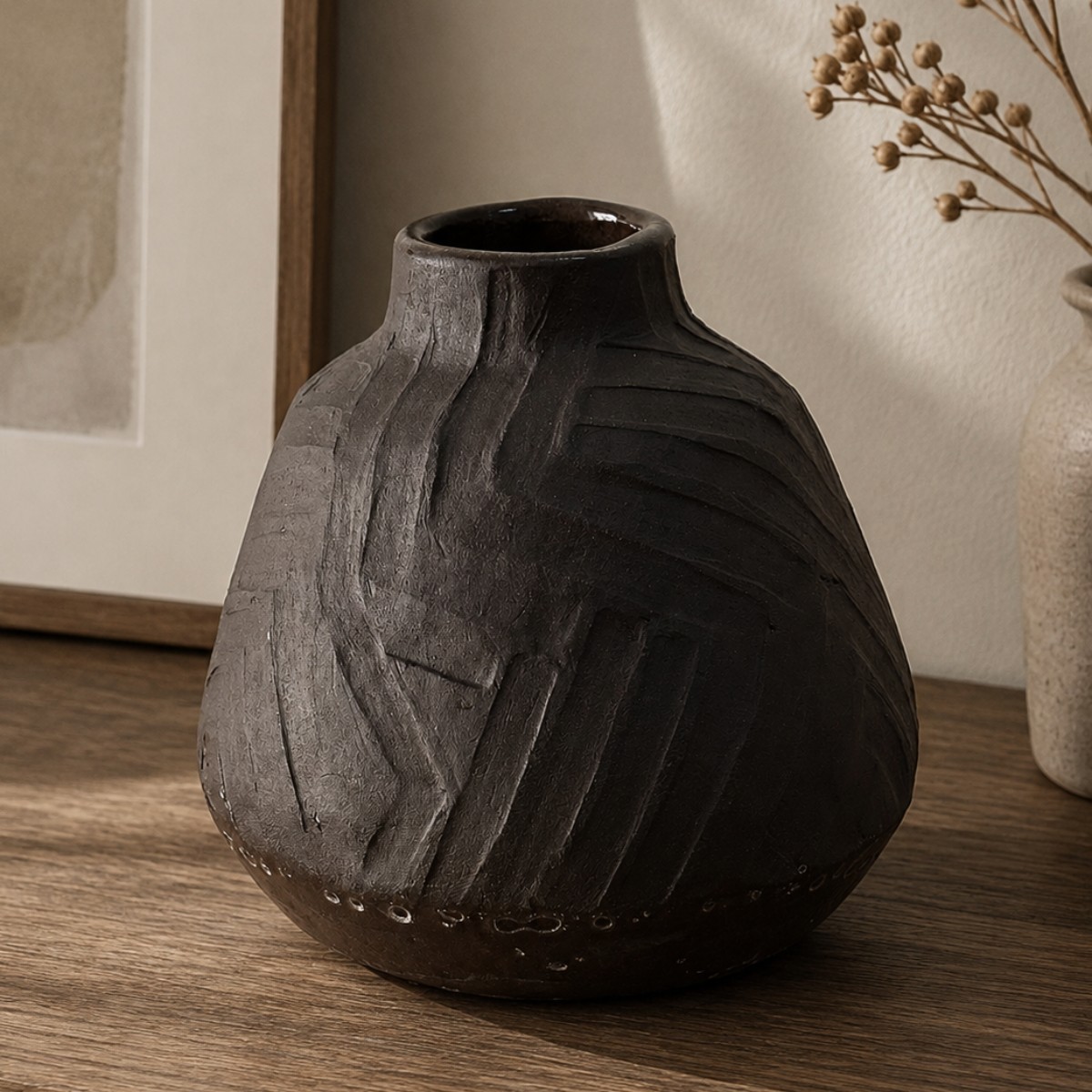 Carved black clay vase image 3